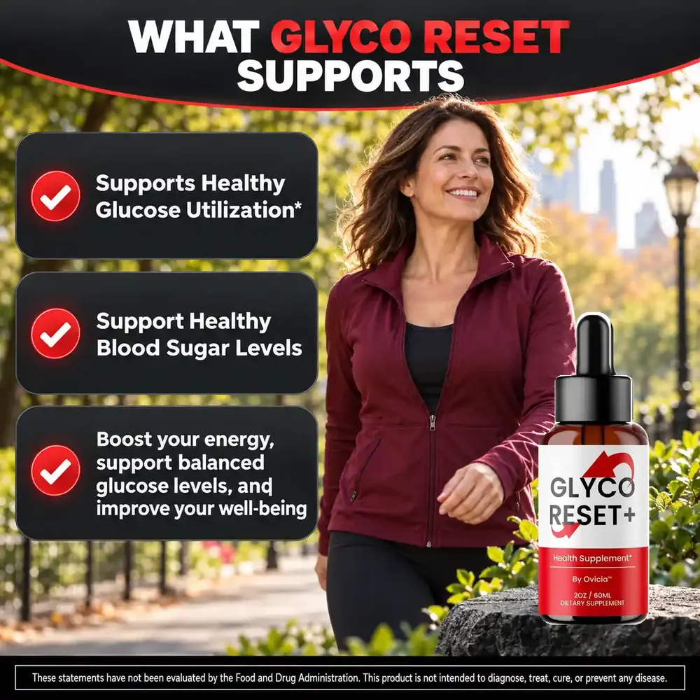 Stock photo of a smiling woman walking in a park holding the Glyco Reset bottle, with three claim tiles about glucose, energy and well-being