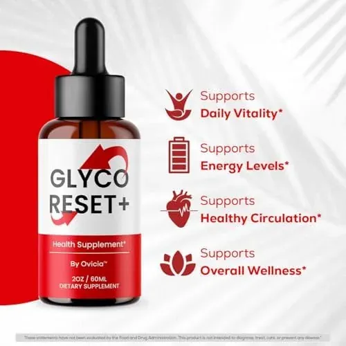 GLYCO RESET+ bottle surrounded by four claim icons: daily vitality, energy levels, healthy circulation and overall wellness