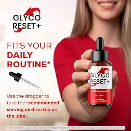Stock model holding the Glyco Reset bottle toward the camera with the dropper in her other hand, next to the words Fits your daily routine