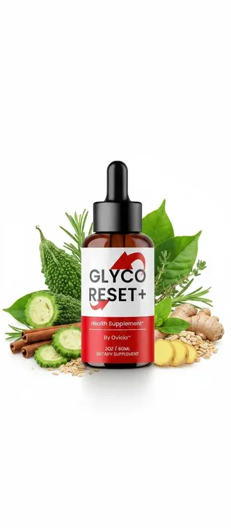 GLYCO RESET+ dropper bottle with a red and white label, set among cucumber slices, cinnamon, ginger and leafy herbs