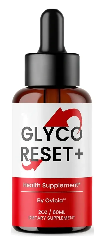One GLYCO RESET+ amber dropper bottle with a red and white label reading Health Supplement, By Ovicia, 2 oz / 60 ml