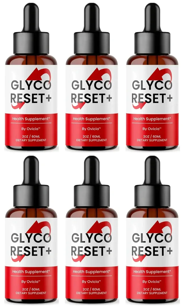 Six GLYCO RESET+ dropper bottles in two rows of three, the 6-bottle pack