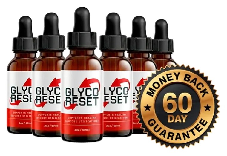 Six GLYCO RESET+ dropper bottles in a row with a gold 60-day money-back seal, the 6-bottle pack